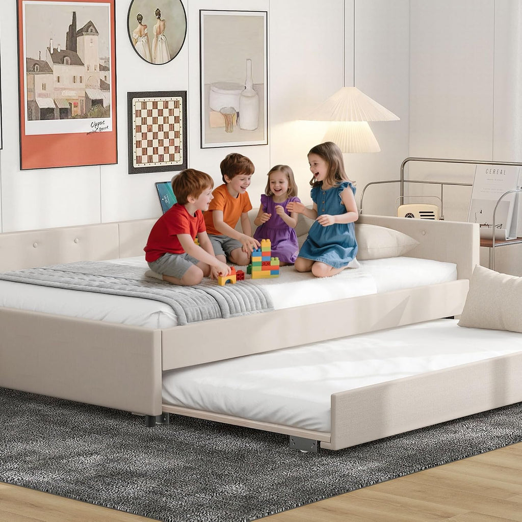 Full Size Daybed with Storage and USB, Modern Cloud Bed Frame with Twin Size Trundle, Linen Upholstered Platform Bed