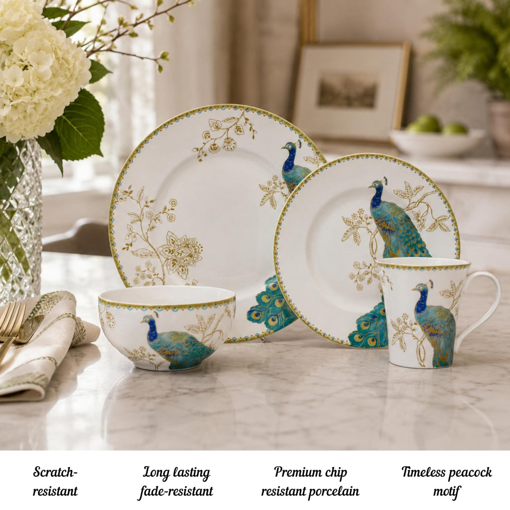 16-Piece Porcelain Dinnerware Set for 4, Elegant Plates and Bowls Sets-White, Teal, Gold Ceramic Dishes, Chip Proof