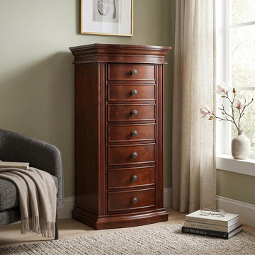 Luke Standing Jewelry Armoire - Large 7-Drawer Wooden Organizer with Mirror, Side Doors, and Anti-Tarnish Lining