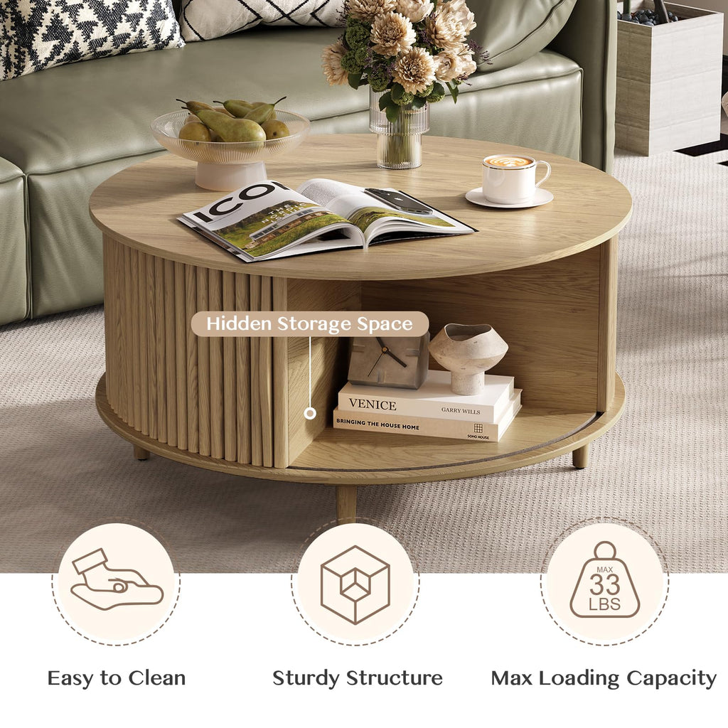31.5" Round Coffee Table with Storage, Natural Oak