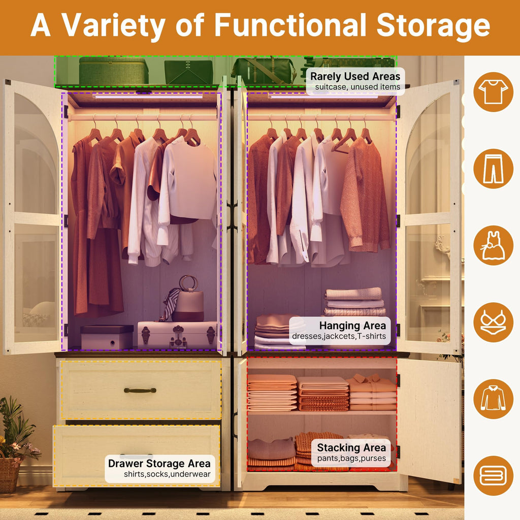 Tall Farmhouse 4 Doors Armoire Wardrobe Closet with LED, 72" Freestanding Arched Wardrobe Closet Cabinet w Glass