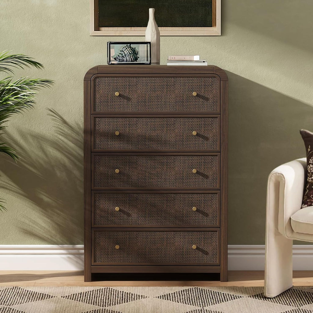 5 Drawer Tall Dresser , 47'' Rattan Dresser with Ample Storage, Boho Chest of Drawers, Thickened Curved Profile