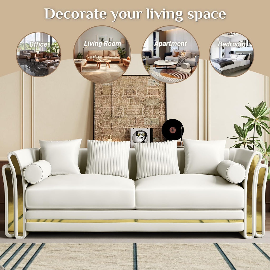 86.7" Chesterfield Sofa Luxury White and Gold Couch, White