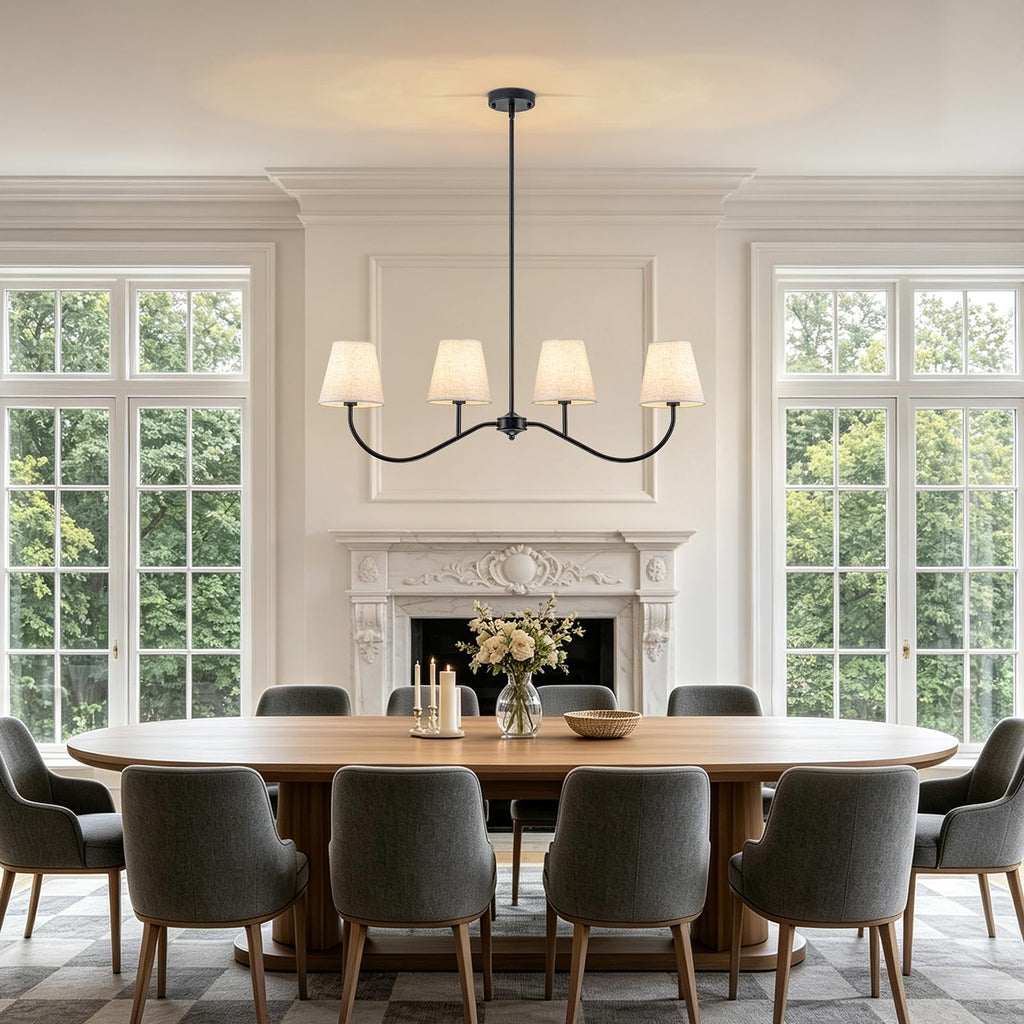 Matt Black Modern Linear Chandelier with White Fabric Shades