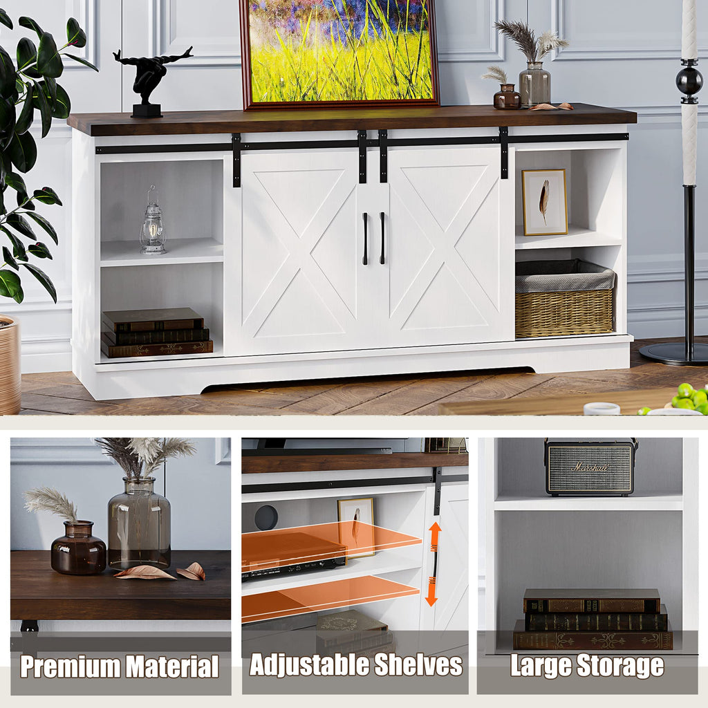 Farmhouse TV Stand, Entertainment Center for 65 Inch TV Media Console Table, White Barn Door TV Stand with Storage