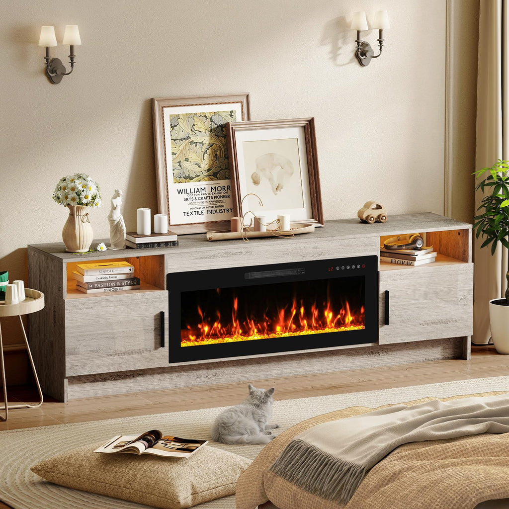 70" Fireplace TV Stand for TVs Up to 80", LED Light Media Console with 36" Electric Heater, Storage Cabinet
