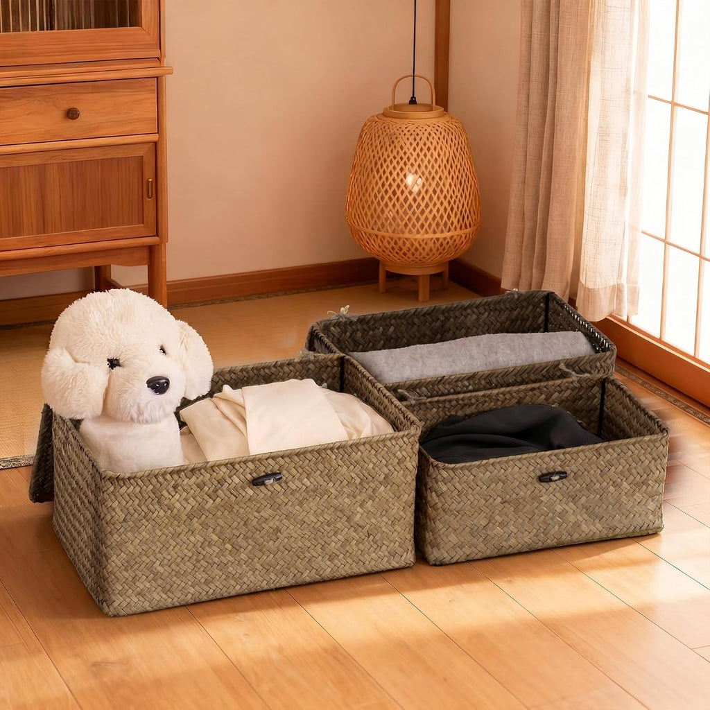 Seagrass Storage Baskets with Lid Set of 3,Wicker Basket Storage Bin for Shelves,Rectangular,Boho Decor,Handwoven
