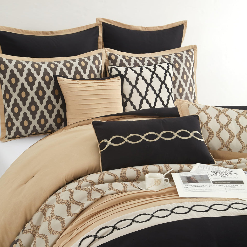Black Gold Comforter Set, 10 Piece, Jacquard Bedding Comforters & Sets, Matching Bedskirt, Pillows & Shams