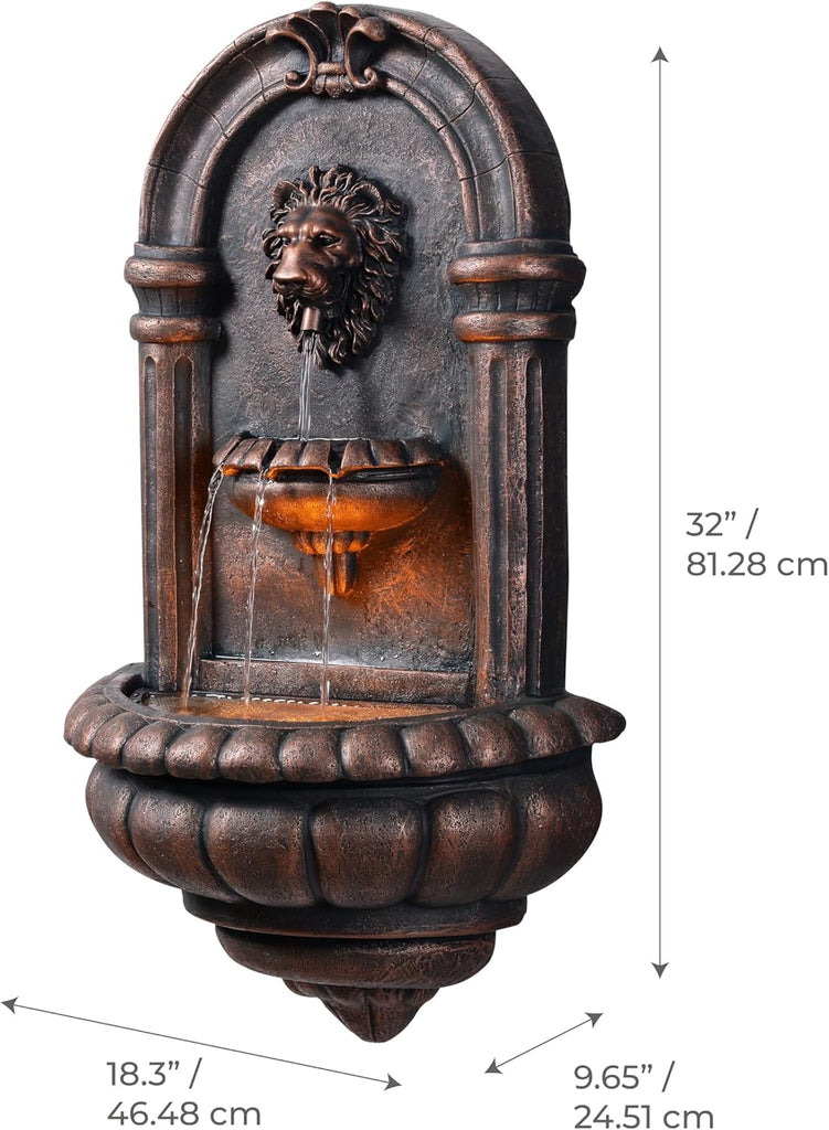 32.1 in. Wall-Mounted Lion Head Stone LED Outdoor Water Fountain for Gardens, Landscaping, Patios, Balconies