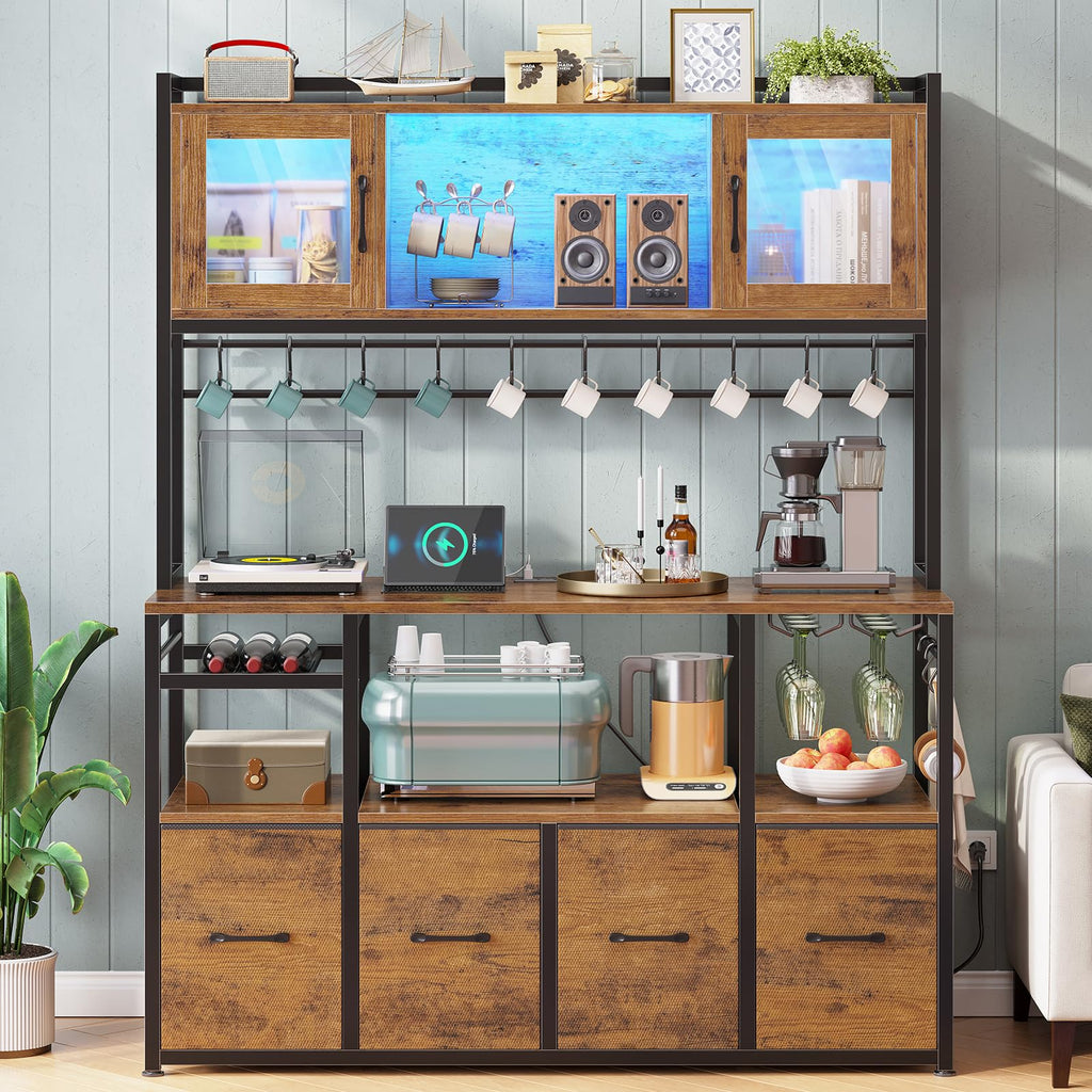 Bakers Rack with Power Outlet and LED Light, 47.2'' Microwave Stand with Storage, Kitchen Coffee Bar Cabinet with