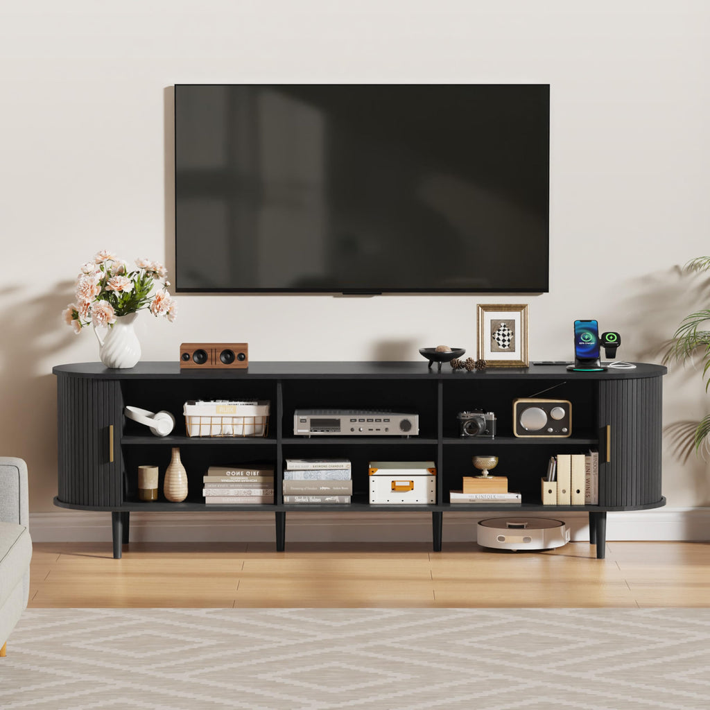 70.8 Inch Mid Century Modern TV Stand with Power Outlet for TVs up to 80 Inch, Entertainment Center with Storage and