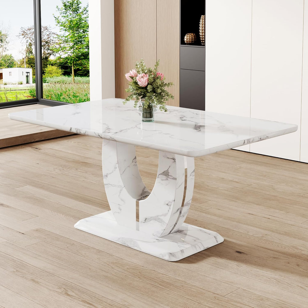 63" Faux Marble Dining Table, Modern Rectangular Kitchen Table with 1.8'' Thick MDF Tabletop, Rounded Corners, Stable