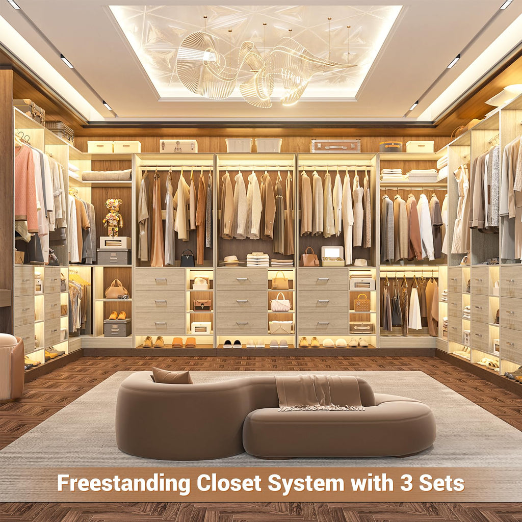Closet System with 6 Drawers, 4 Hanging Rods & Corner Tower, Corner Closet System with Hanging,92.6" L-Shaped Walk-In