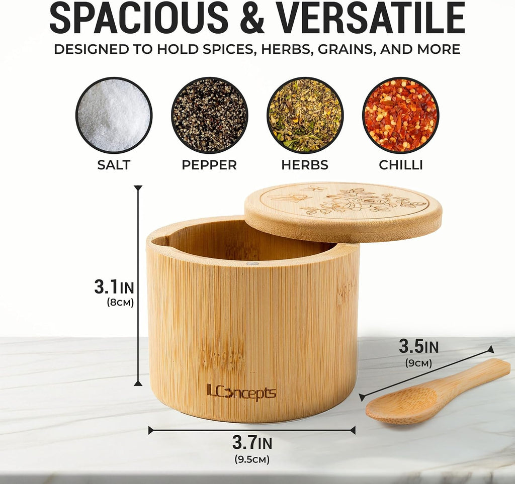 Bamboo Salt Cellar Storage Box, Bowl with Magnetic Swivel Lid and Spoon, Wooden Container for Countertop, Holder