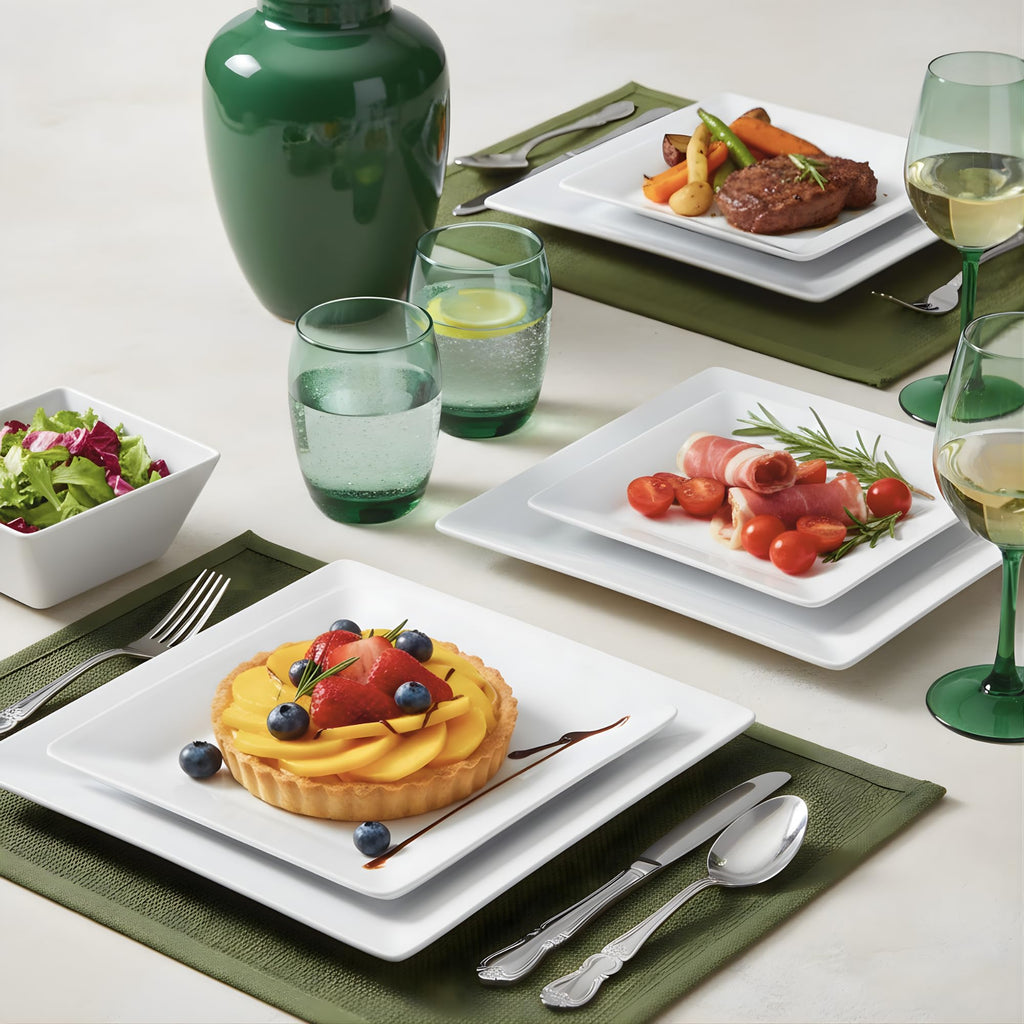 TP 12-Piece Melamine Dinnerware Sets, Square, Service for 4, White
