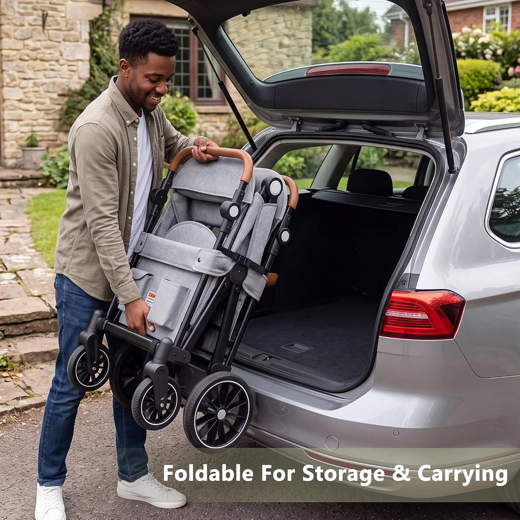 Folding Wagon Stroller for 2 Kids, Shock-Absorbing Wheel, Gray