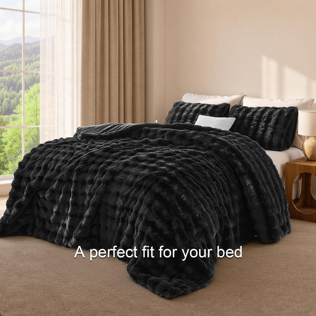 Fluffy Comforter Set Black Soft & Fuzzy Faux Fur Comforter Luxury Lightweight Plush Bedding Set All Season