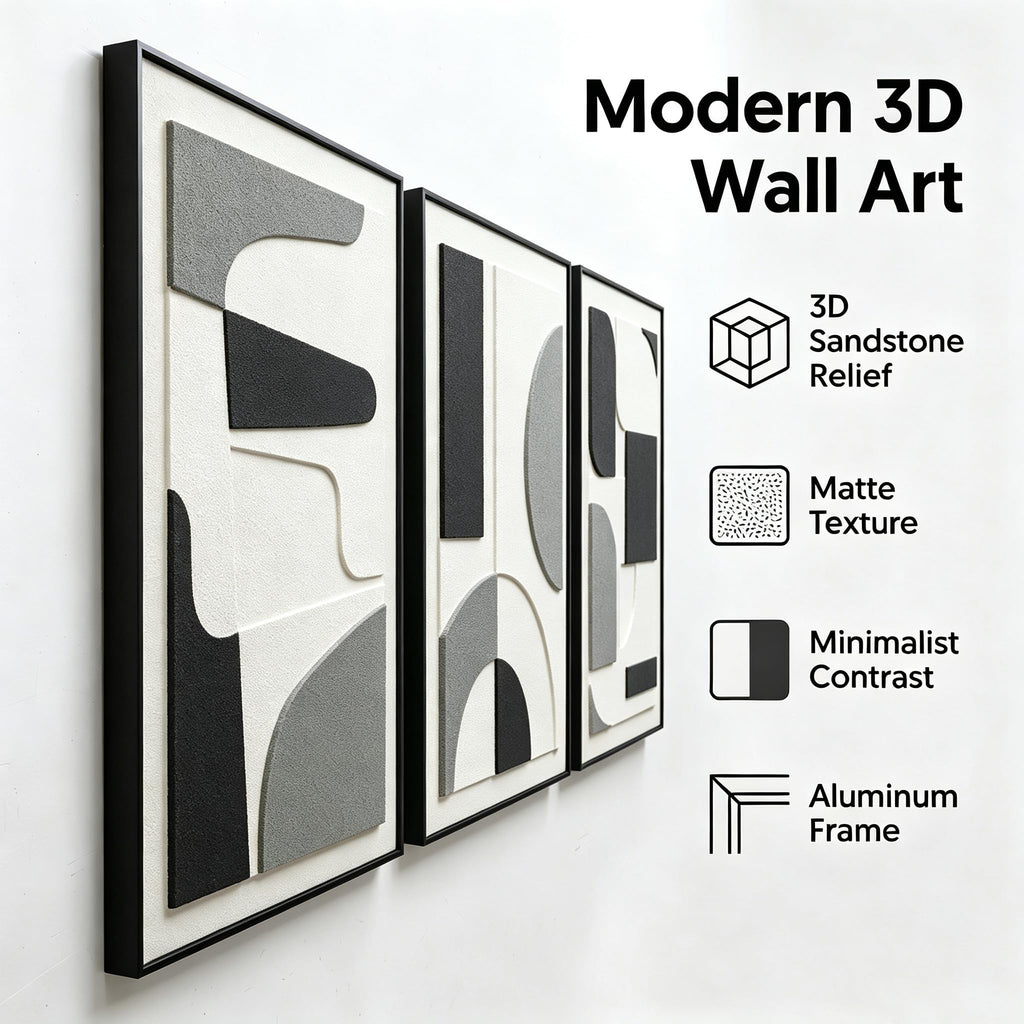 3Pcs 3D Sandstone Wall Art, Black Frame Abstract Geometric Relief