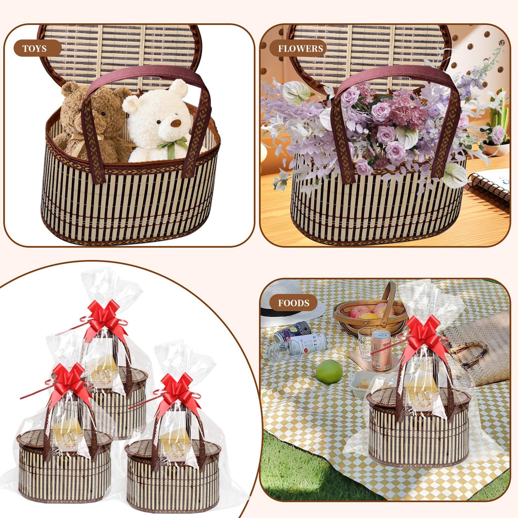 8 Set Baskets for Gifts Large Empty Woven Bamboo Gift Basket Bulk Kit with Handles and Clear Cellophane Wrap, for