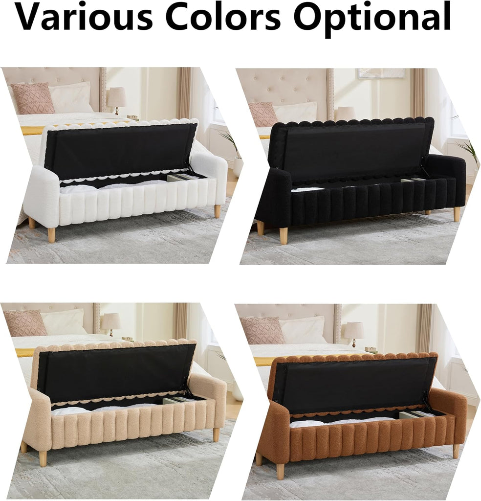 Teddy Caramel Ottoman Bench with Storage,63.4" Armed Long Storage Benches for Bed End King Size,Channel Tufted