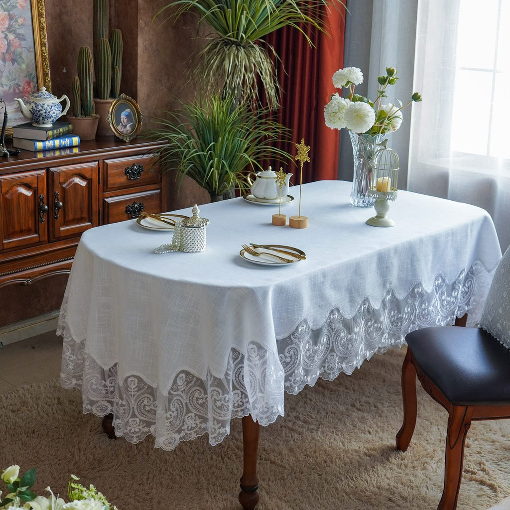 White Lace Oval Tablecloth Macrame Embroidered Modern 60 x 104 Inch
