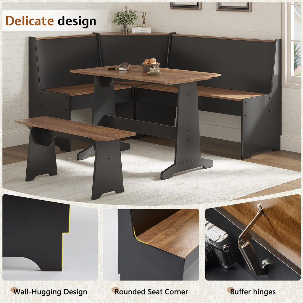 3-Piece Corner Dining Set with Hidden Storage, Black Oak