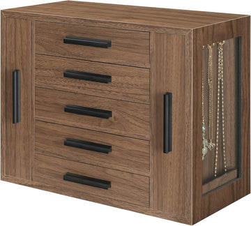 5-Tier Jewelry Box, Wooden Jewelry Organizer with Transparent Window