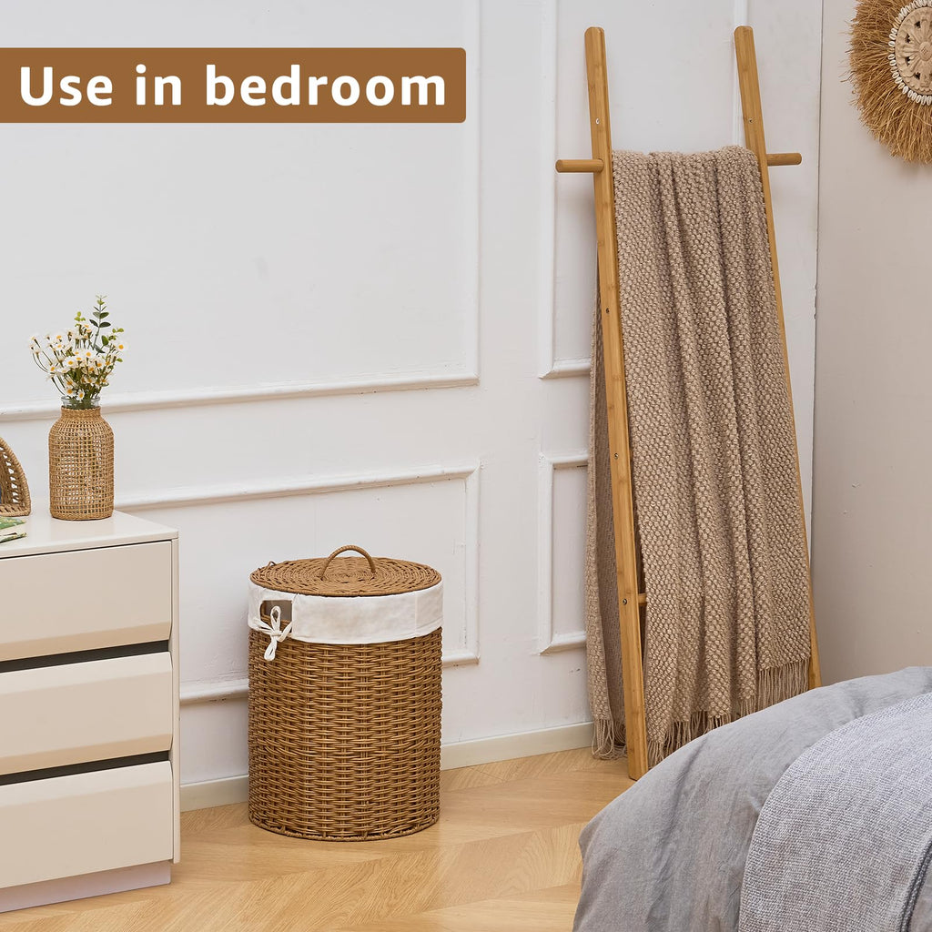 Round Wicker Laundry Hamper with Lid Handwoven Rattan Basket with Handles for Dirty Clothes, 2 Washable Liner Bags