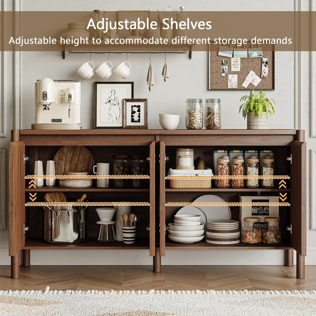 59" Walnut Sideboard Buffet Cabinet with Solid Wood Legs