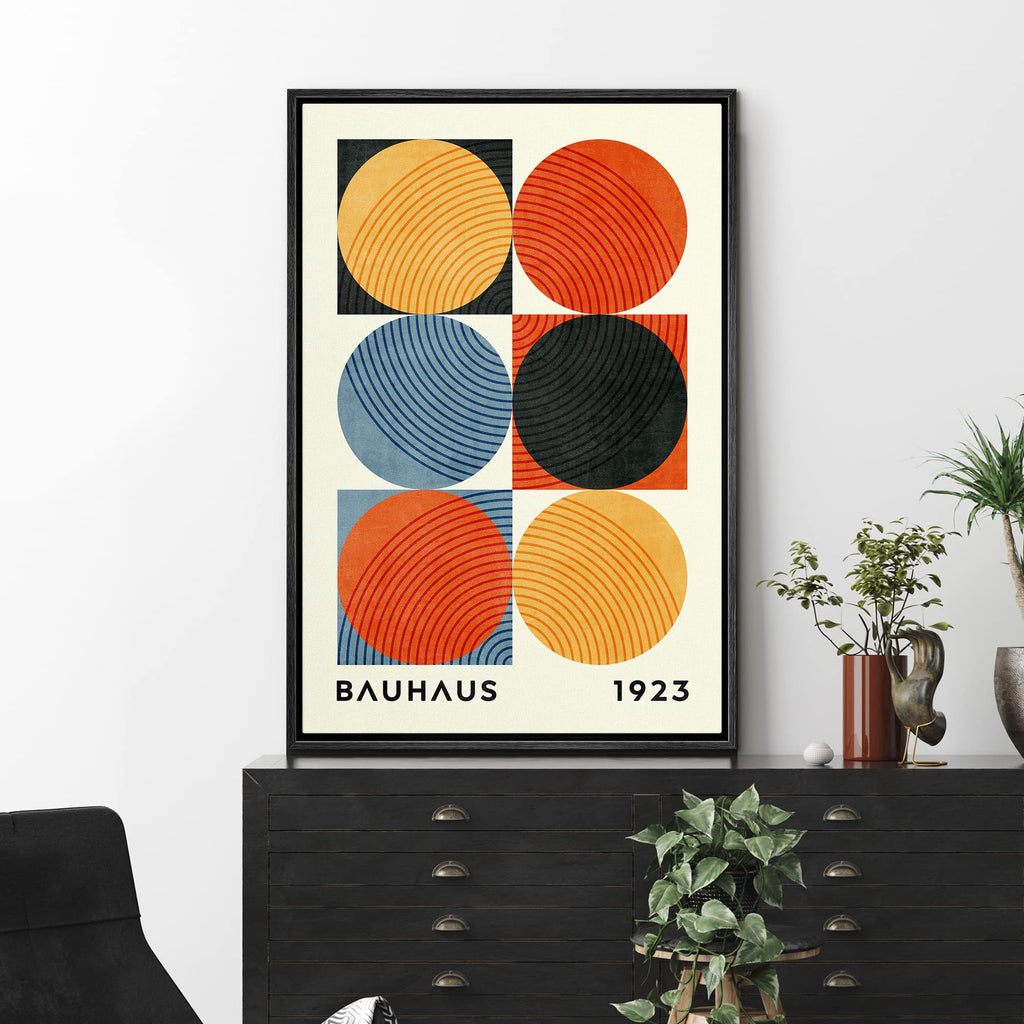 Framed Canvas Print Wall Art Colorful Geometric Circle Bauhaus Collage Abstract Shapes Illustrations Fine Art