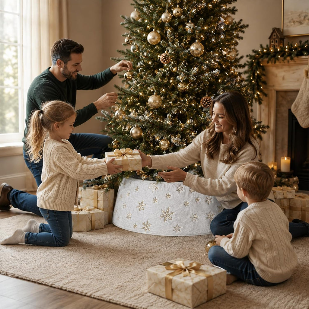 Christmas Tree Collar, 28 Inches Silky Fur White with Gold Snowflake Tree Skirt with Plastic Stand for 6FT Trees, Boho