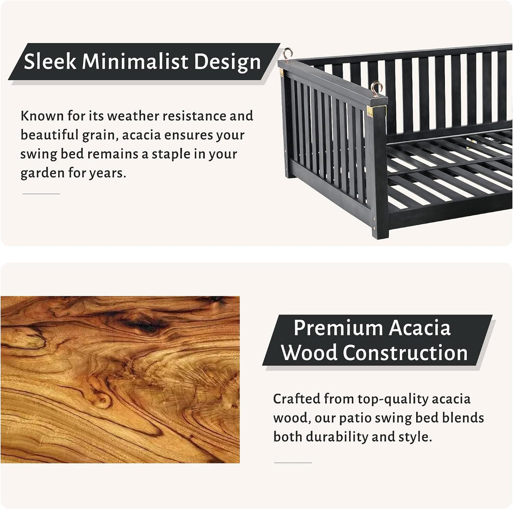 Acacia Wood Porch Swing Bed, Twin Size Hanging Daybed with Ropes, Outdoor Patio Bed Swing for Garden, Backyard &