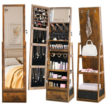 360° Swivel Full Length Mirror Jewelry Cabinet Standing With Built-In Mirror Jewelry Armoire With Mirror Drawers