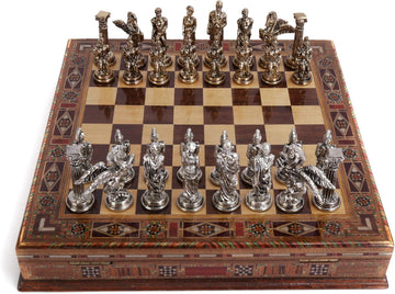 Medium Mythologic Pegasus Metal Chess Set for Adults,Handmade Pieces and Natural Solid Wooden Chess Board