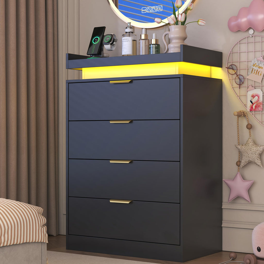 Black Dresser with LED Lights, Wooden LED Dresser, 4 Drawer Chest with Charging Station, Tall Chest of Drawer Closet
