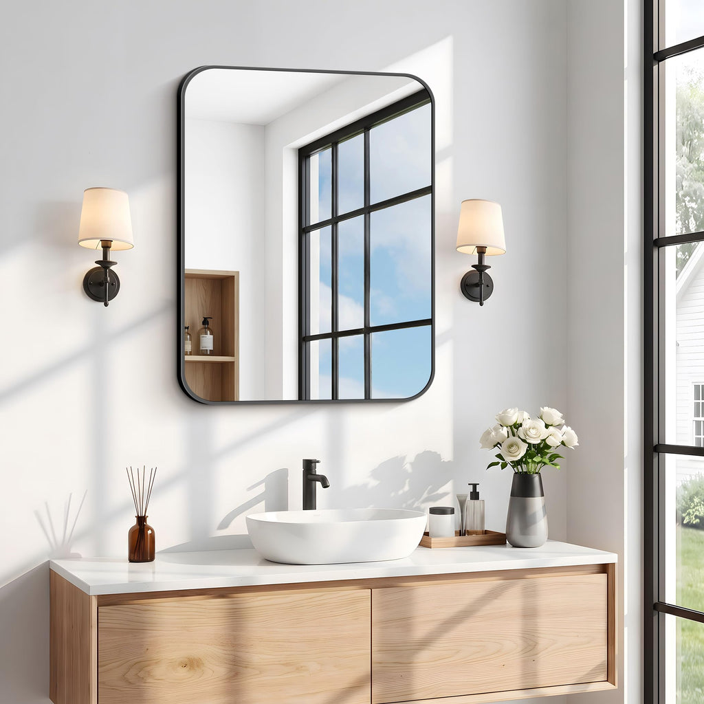 24x30 inch Bathroom Mirror 2-Pack,Black Rectangle Mirror,Wall Mounted Bathroom Frame Vanity Mirror with Round Corner
