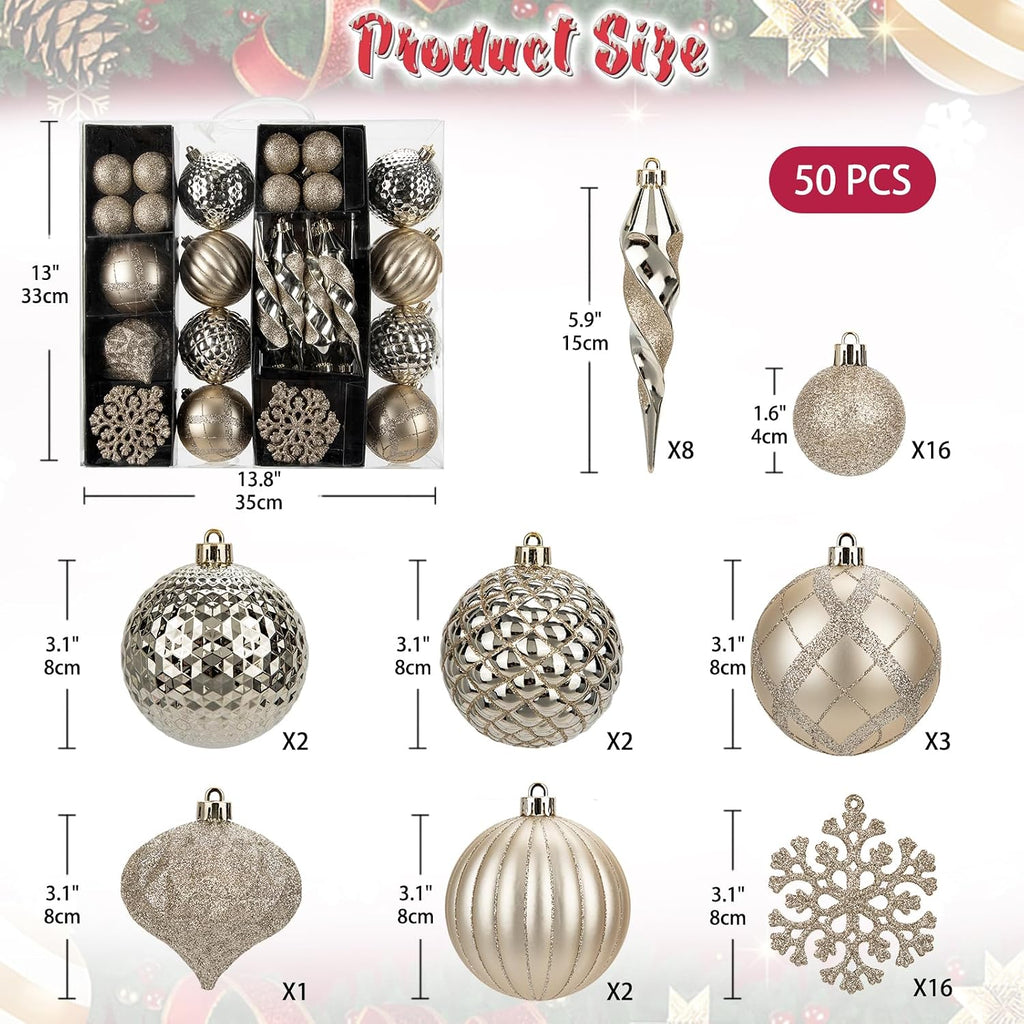 Christmas Tree Ornaments Set with Shatterproof Balls Icicle Snowflake Hanging Ornaments Farmhouse Christmas - Set of 50