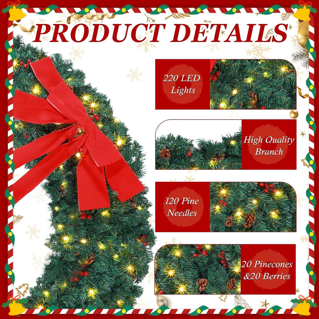 60 Inch Large Prelit Christmas Wreath with 300 Warm White String Lights 8 Lighting Modes Artificial Outdoor Xmas