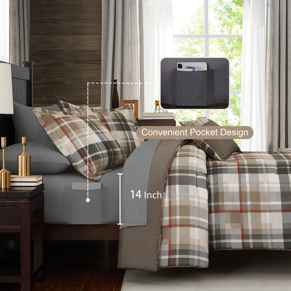 Plaid Comforter Set Khaki 7 Pieces Farmhouse Bed in a Bag