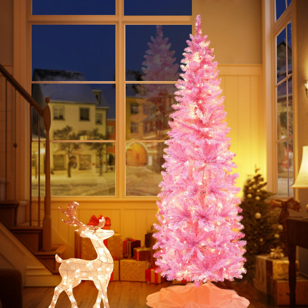 6Ft Prelit Artificial Slim Pink Christmas Tree, 240 LED Warm Lights
