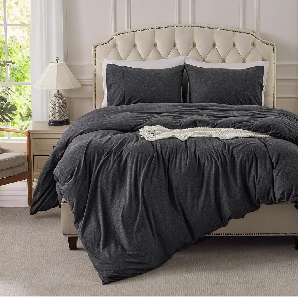 Knit Duvet Cover Set 100% T-Shirt Cotton Super Soft Comfy 3pc Bedding Set with Zipper Closure (Heather