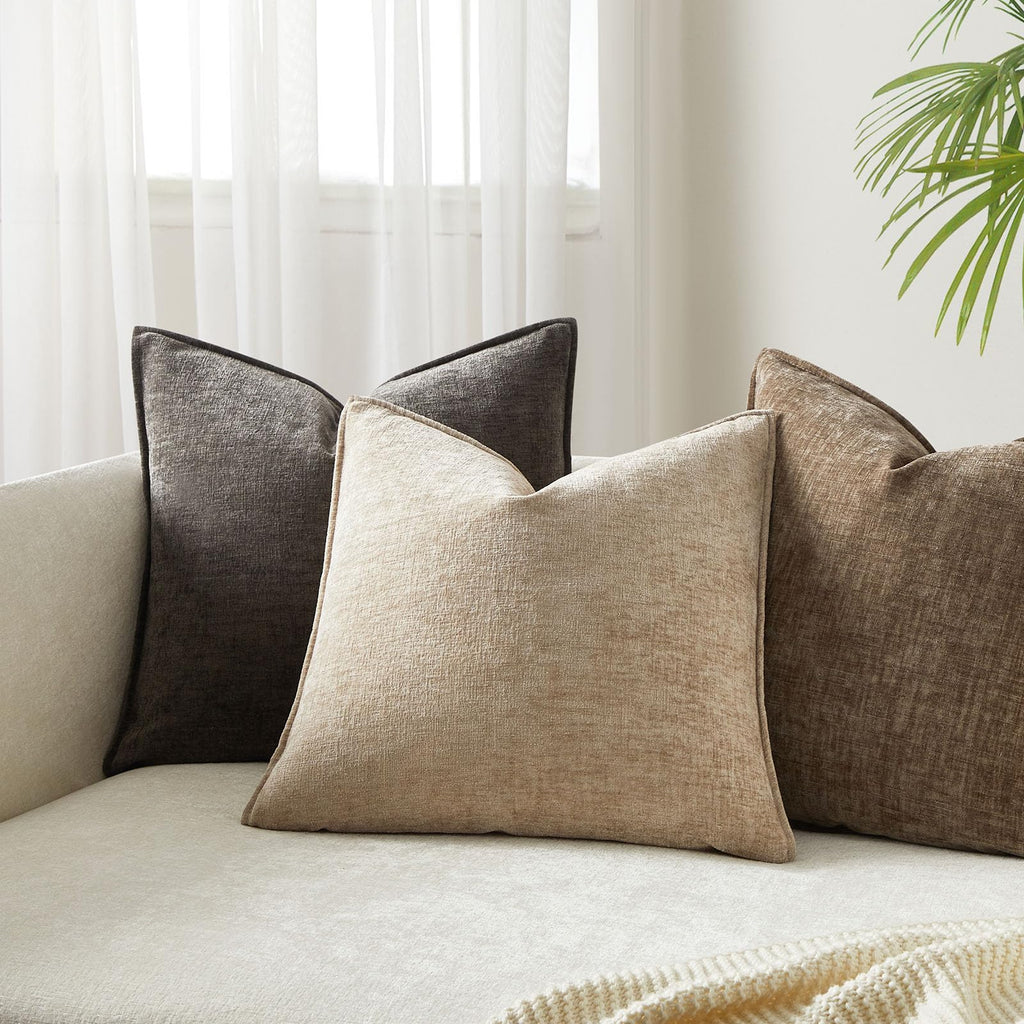 24x24 Chenille Decorative Throw Pillow Covers Set of 2, Beige