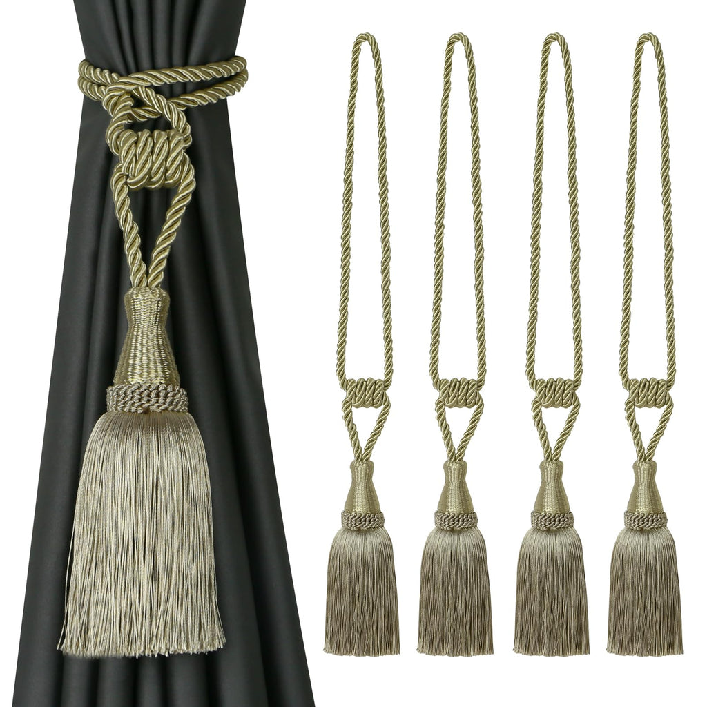 Tassel Curtain Tiebacks Handmade Holdbacks (Dark Beige) - 4 Pack
