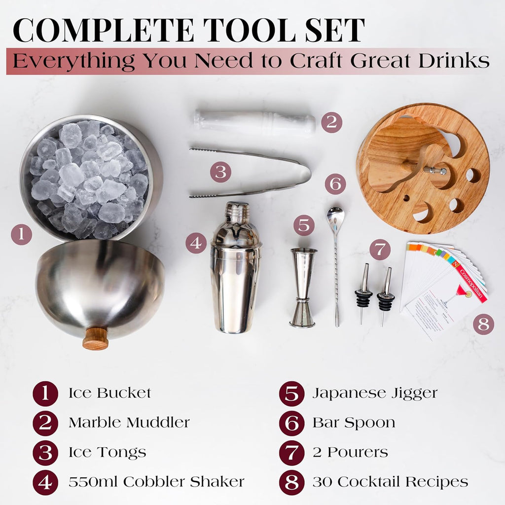 Cocktail Set Bartender Kit with Stainless Steel Ice Bucket - Complete Mixology Bar Tool Set with Wooden Organizer