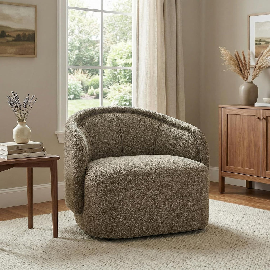 Amanda Low Profile Accent Chair, Fabric Round Back Chair, Boucle Upholstered Living Room Armchair, Comfy Reading