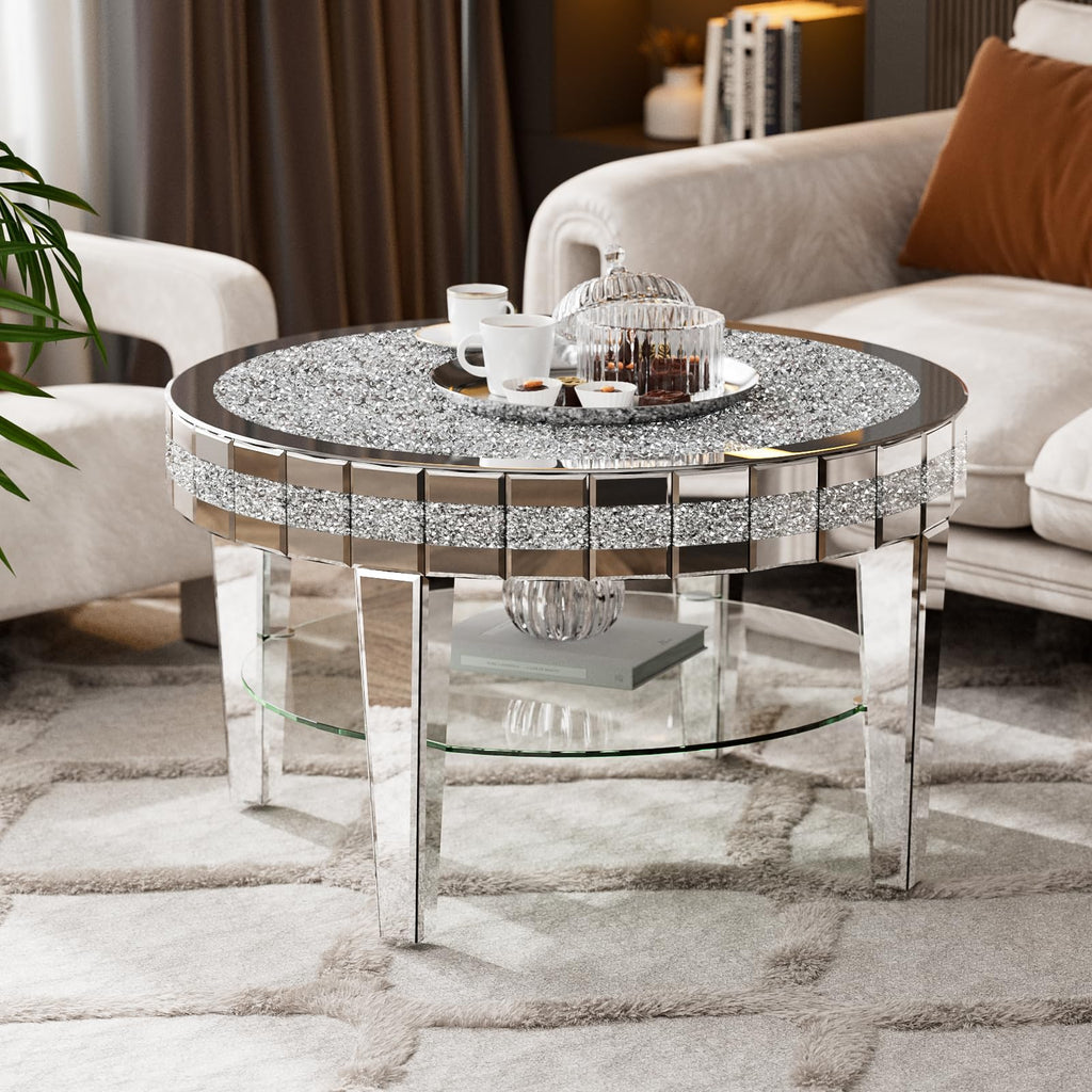 31" Round Mirrored Coffee Table with Storage & Crushed Diamonds
