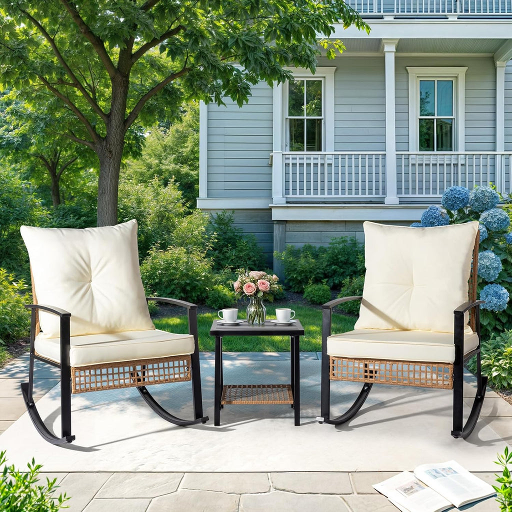 3-Piece Outdoor Rocking Bistro Set, Patio Furniture Set w/Soft Thick Cushions & 2-Tier Coffee Table, Rattan
