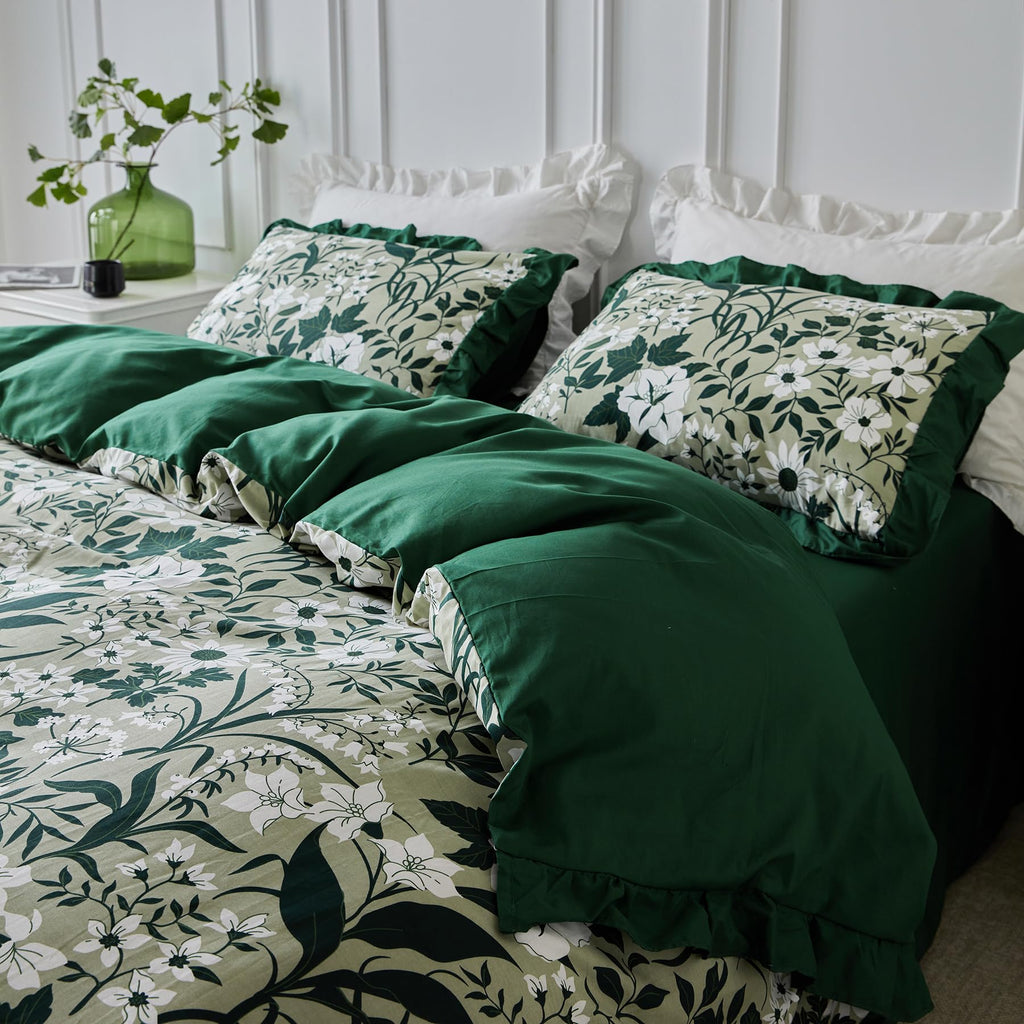 Green Botanical Ruffle Duvet Cover 100% Cotton 3 Pcs Set