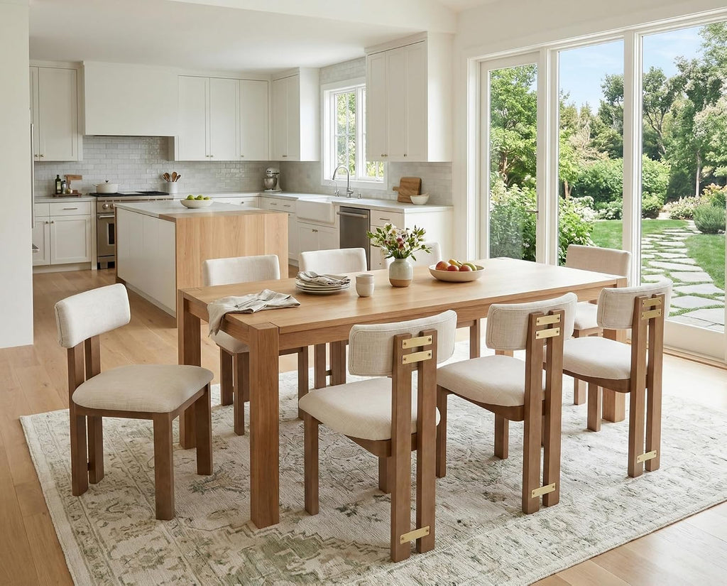 Linen Wooden Dining Chairs Set of 4, Modern Farmhouse Dining Room Kitchen Chairs with Curved Backrest Natural Wood