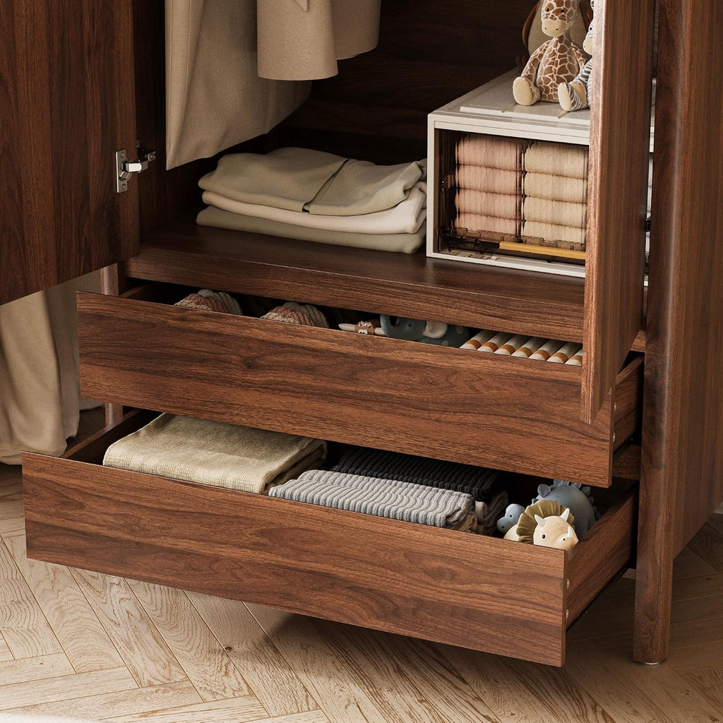 Wardrobe with 2 Doors and 2 Drawers, 70.9"H Modern Walnut Bedroom Armoire Closet with Hidden Handles, Freestanding